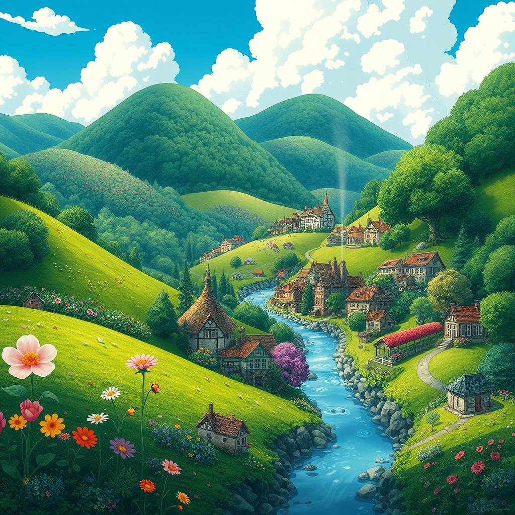 A whimsical landscape inspired by Ghibli art, featuring lush green hills, a sprawling fantasy forest with oversized flowers, a clear blue sky with fluffy white clouds, and a quaint village with charming, colorful houses