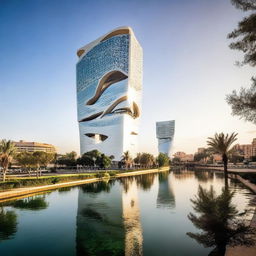 Futuristic buildings around the Mohammed VI Tower situated on the banks of the Bouregreg river in Rabat, Morocco, highlighting harmonious blending with the environment while featuring innovative designs.