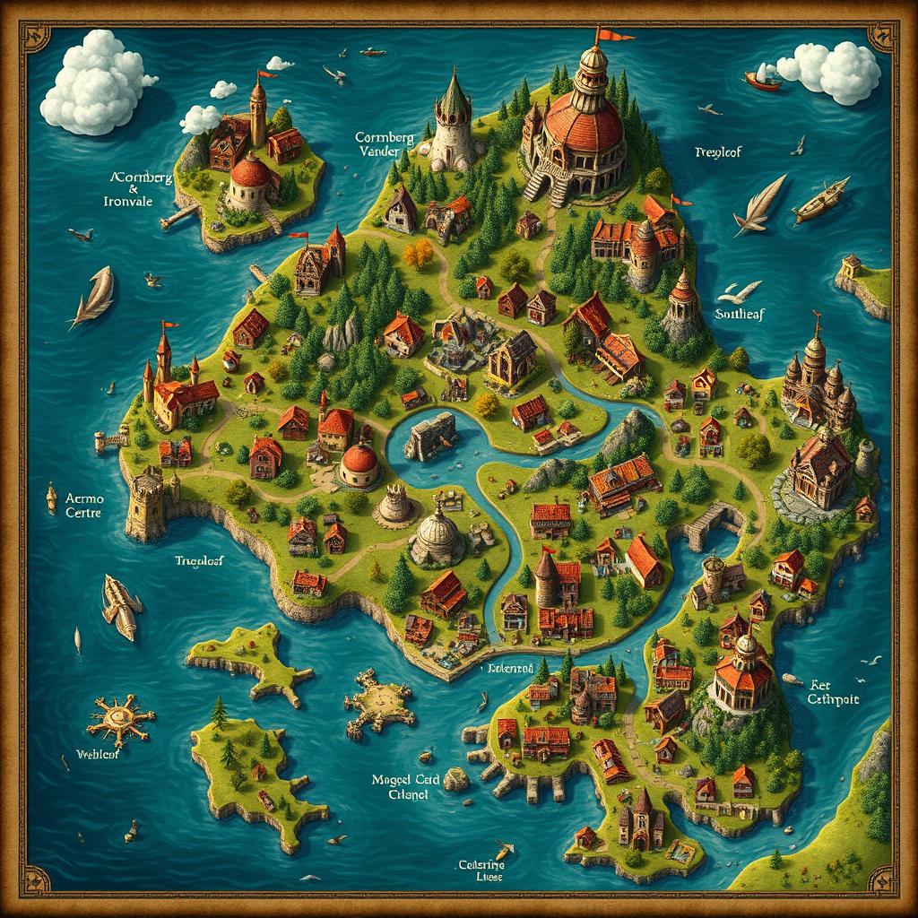 A detailed fantasy map showcasing various cities in distinct locations