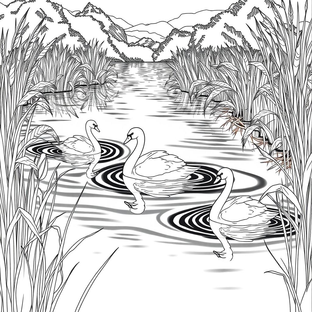 A detailed black and white line drawing of a serene lake scene featuring elegant swans gliding gracefully across the water