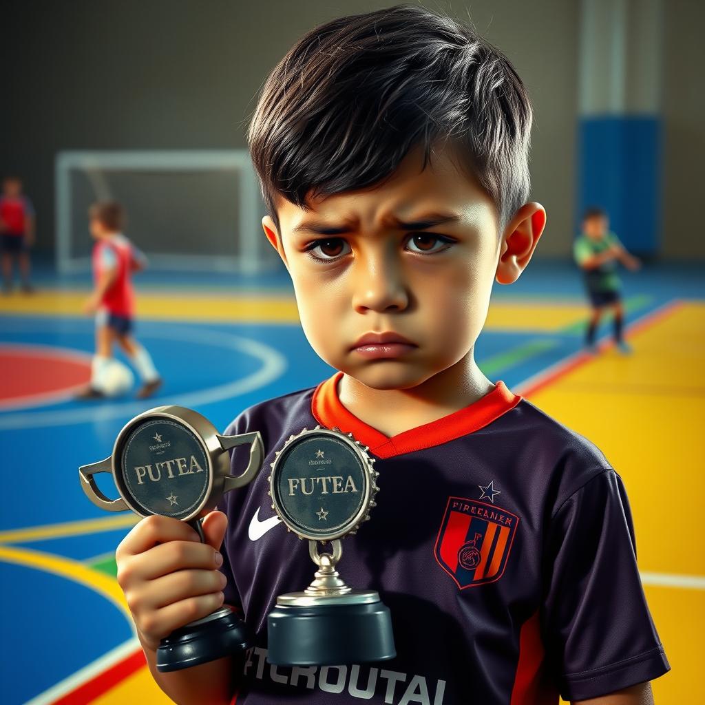 A realistic depiction of a child playing futsal, showcasing a young player with a football kit