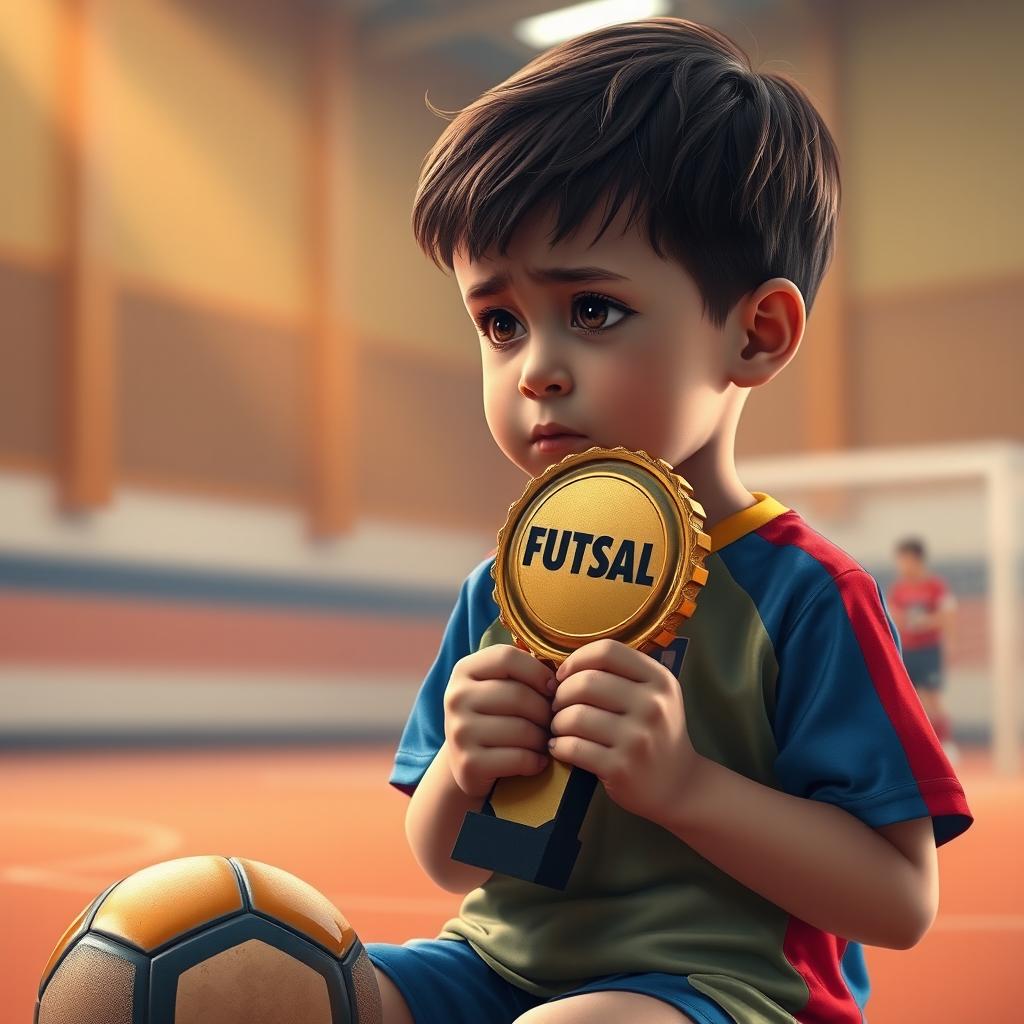 A realistic depiction of a young child in a futsal setting, looking sad while holding a trophy shaped like a bottle cap