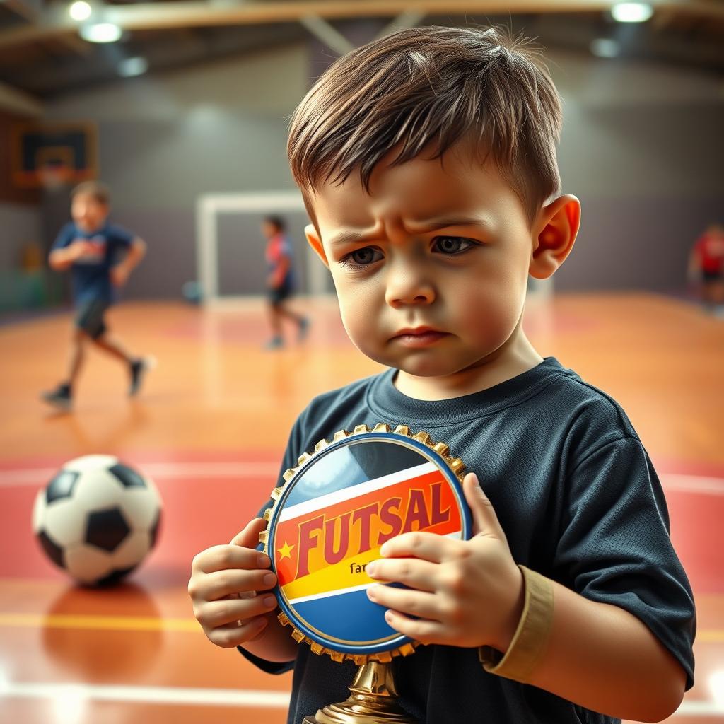 A realistic image of a young child playing futsal, looking sad while holding a bottle cap-shaped trophy
