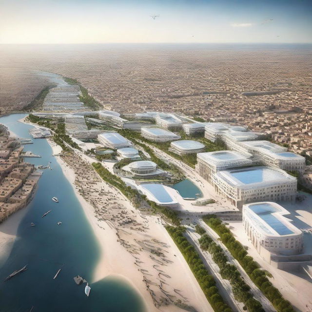 A futuristic visualization of El Jadida City in 10 years, showcasing modern architecture, advanced technology, and sustainable urban development while preserving its cultural heritage.