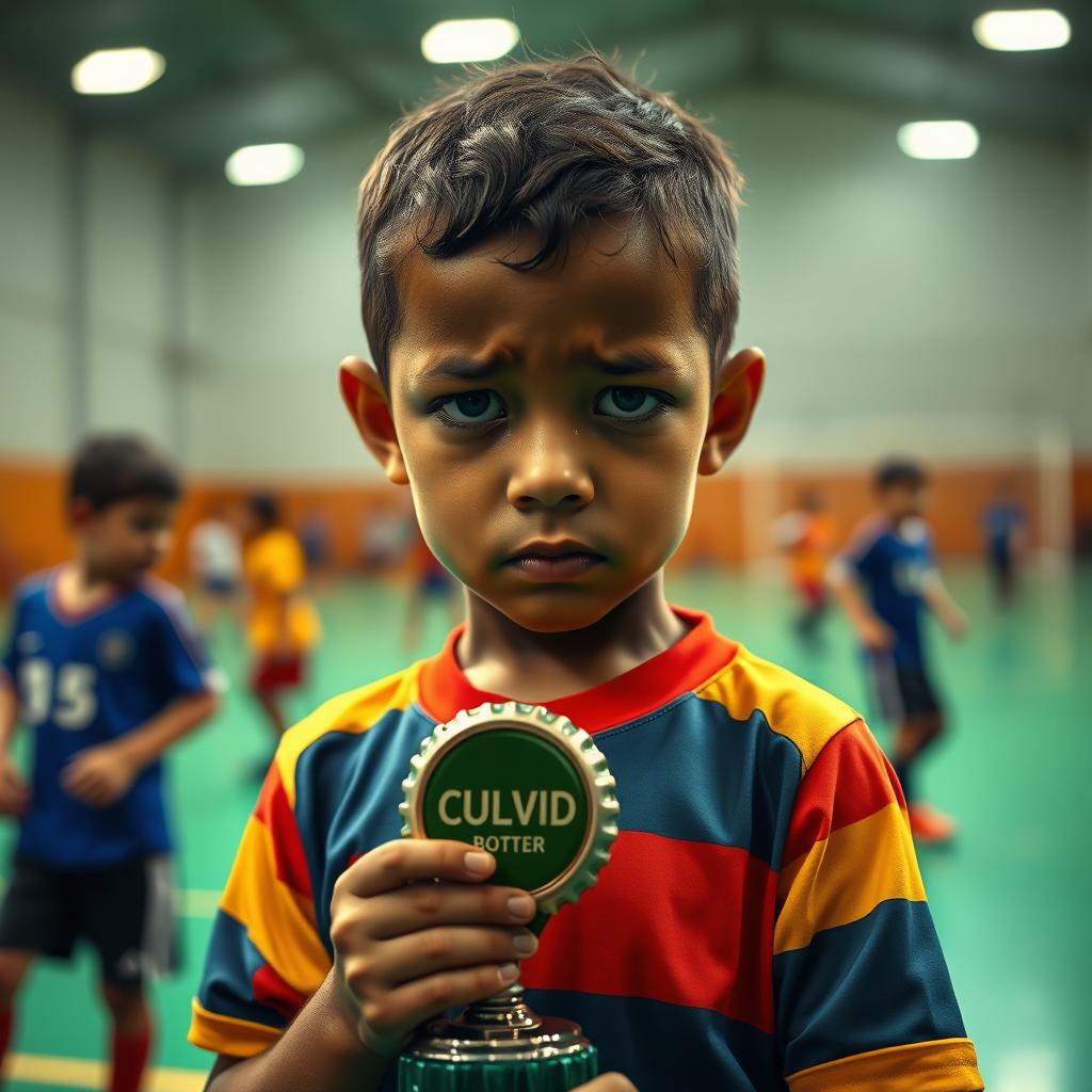 A realistic image of a sad child playing futsal, holding a bottle cap trophy