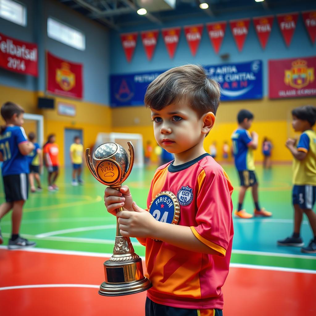 A realistic and emotional scene depicting a young child playing futsal, standing on a colorful indoor court after a game