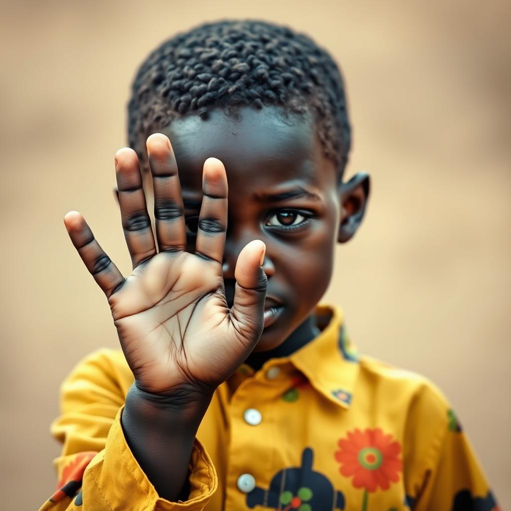 A young African boy covering his face with one hand while extending the other hand forward, mimicking a 'stop' gesture