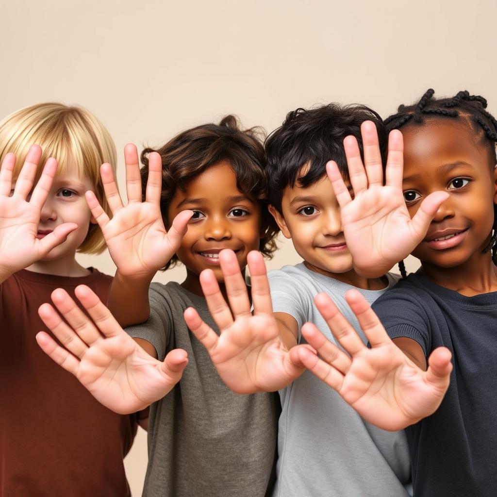A group of four children from different racial backgrounds, each covering their face with one hand while extending the other hand forward in a 'stop' gesture