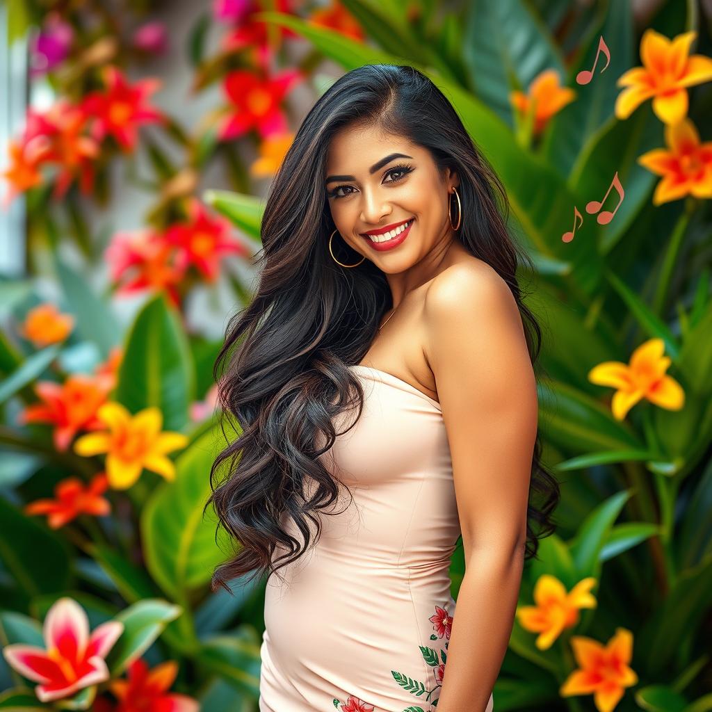 A stunning and curvaceous Latin woman with long, flowing dark hair, confidently posed in a vibrant setting