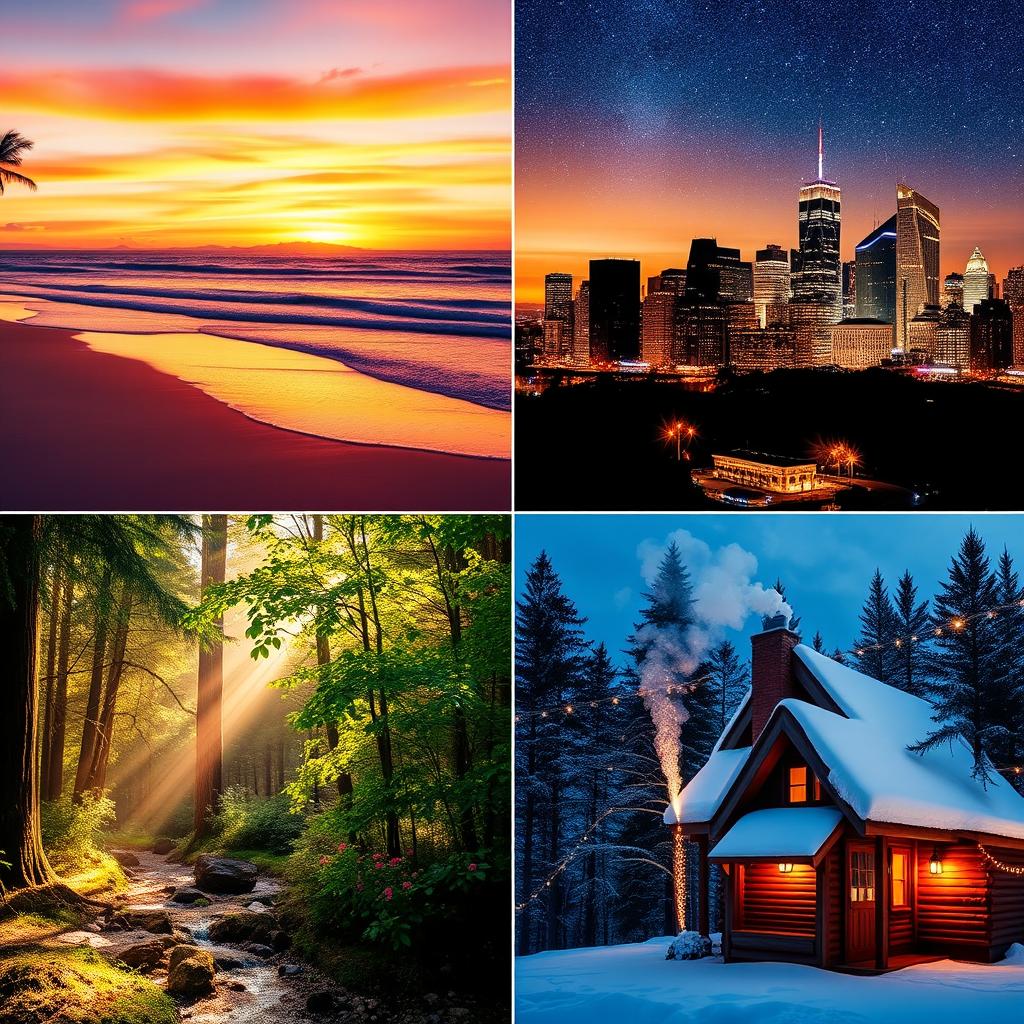 A beautifully composed 4-in-1 photo collage showcasing four distinct yet visually cohesive scenes: 1) A serene sunset beach, with soft waves lapping against the shore, vibrant orange and purple hues in the sky, and palm trees gently swaying