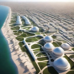 A futuristic visualization of El Jadida City in 10 years, showcasing modern architecture, advanced technology, and sustainable urban development while preserving its cultural heritage.