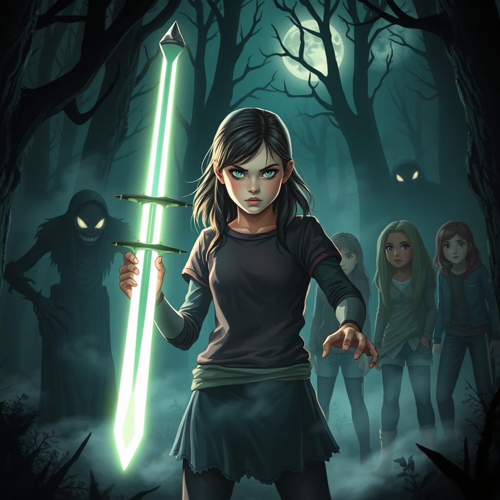 A brave girl with an intense expression protects her friends from terrifying monsters in a dark, enchanted forest