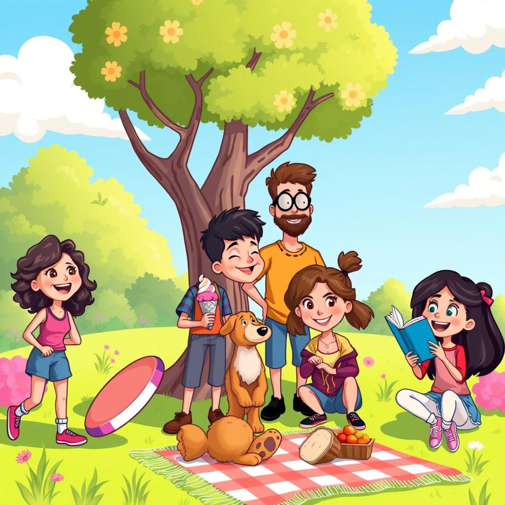 A vibrant and colorful cartoon scene depicting a diverse group of friends enjoying a sunny day in a park