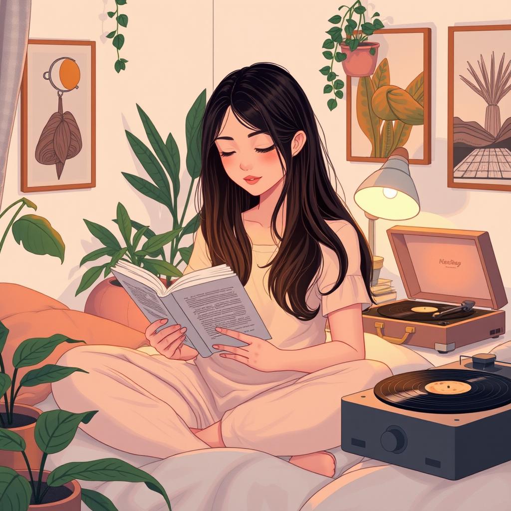 A serene scene of a girl reading a book in her cozy room, surrounded by soft lighting and a relaxed atmosphere