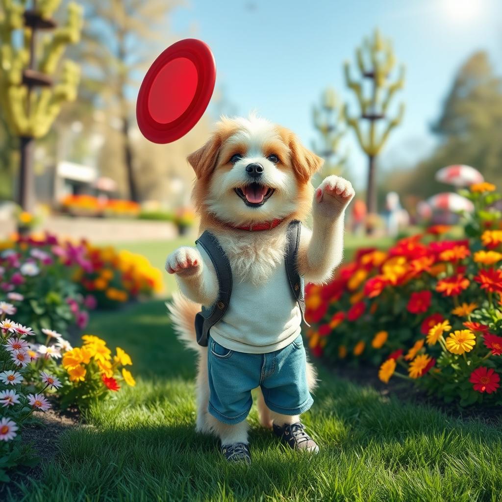 A whimsical scene depicting a dog transformed into a human, standing upright and wearing casual clothes, with a friendly and playful expression on their face