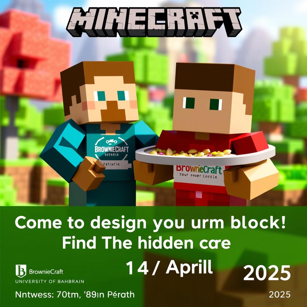 A character from Minecraft, designed in a blocky style, stands proudly holding a plate of delicious brownies topped with pistachio nuts, showcasing a brand logo that reads 'BrownieCraft'