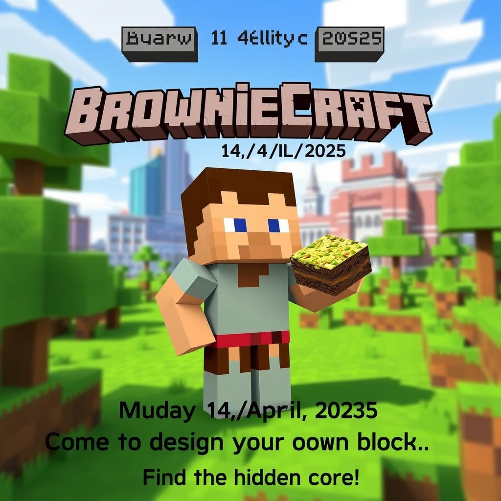 A vibrant Minecraft-themed advertisement featuring a Minecraft character, styled as a pixelated hero, holding a delicious-looking brownie with a pistachio topping