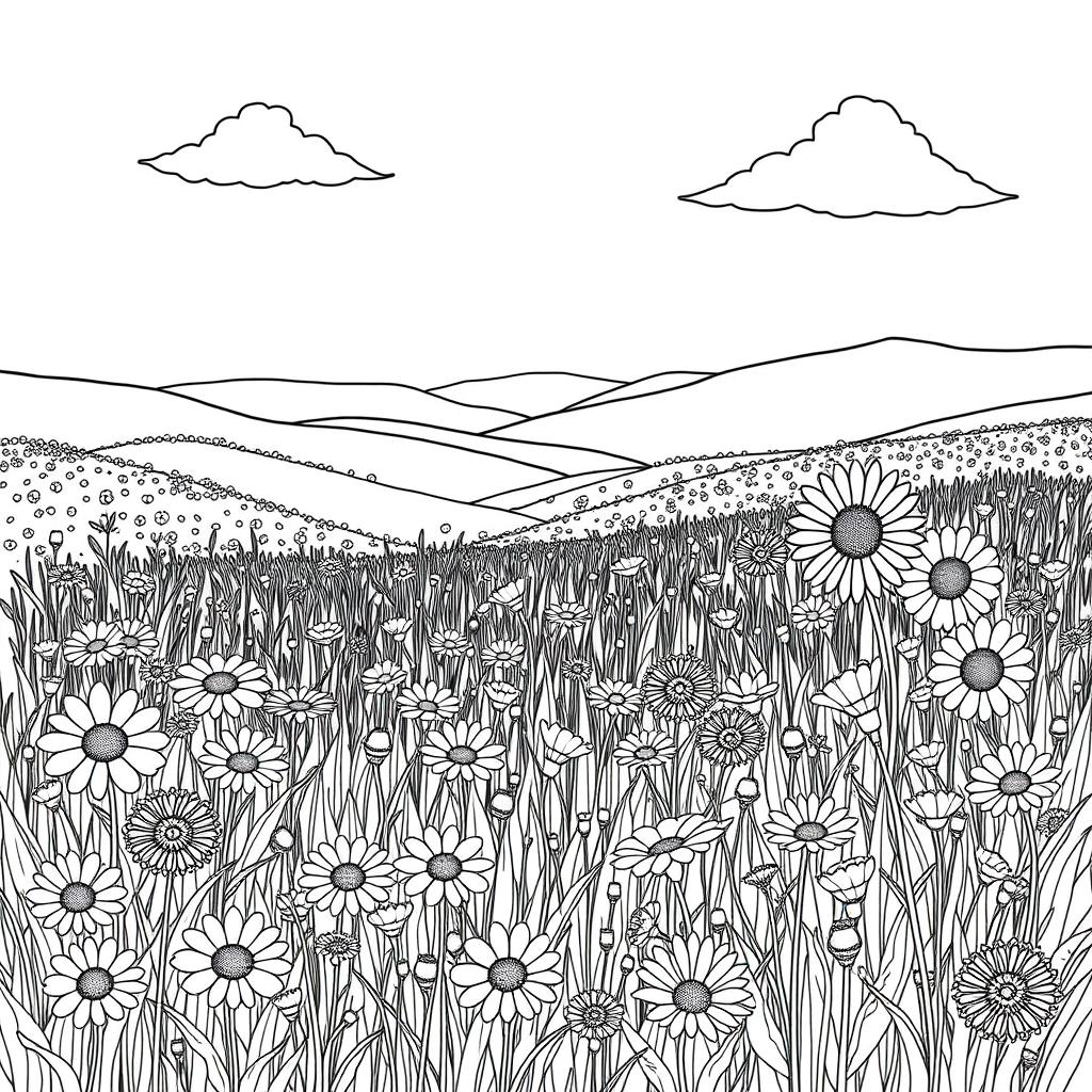 A detailed black and white line drawing of a flowering meadow, designed in the style of an adult coloring book