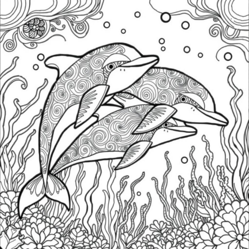 A detailed black and white line drawing of playful dolphins swimming together, designed in an adult coloring book style