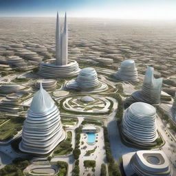 A futuristic rendition of Rabat City 10 years into the future, showing advancements in architecture, technology, and sustainability, as well as the balance between modern development and cultural preservation.