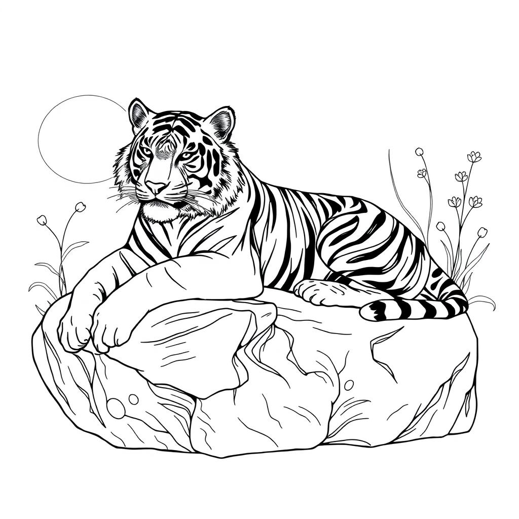 A detailed black and white line drawing of a majestic tiger lying on a rock, designed for an adult coloring book