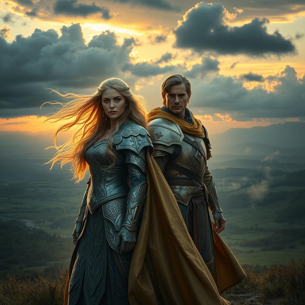 An epic fantasy scene capturing the essence of a queen and a prince on a heroic journey to stop a war