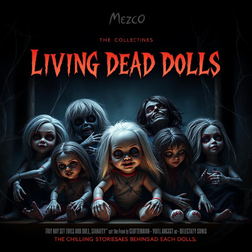 A movie poster for 'Living Dead Dolls', featuring dark and eerie imagery of collectible dolls from Mezco