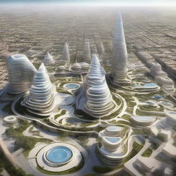 A futuristic rendition of Rabat City 10 years into the future, showing advancements in architecture, technology, and sustainability, as well as the balance between modern development and cultural preservation.