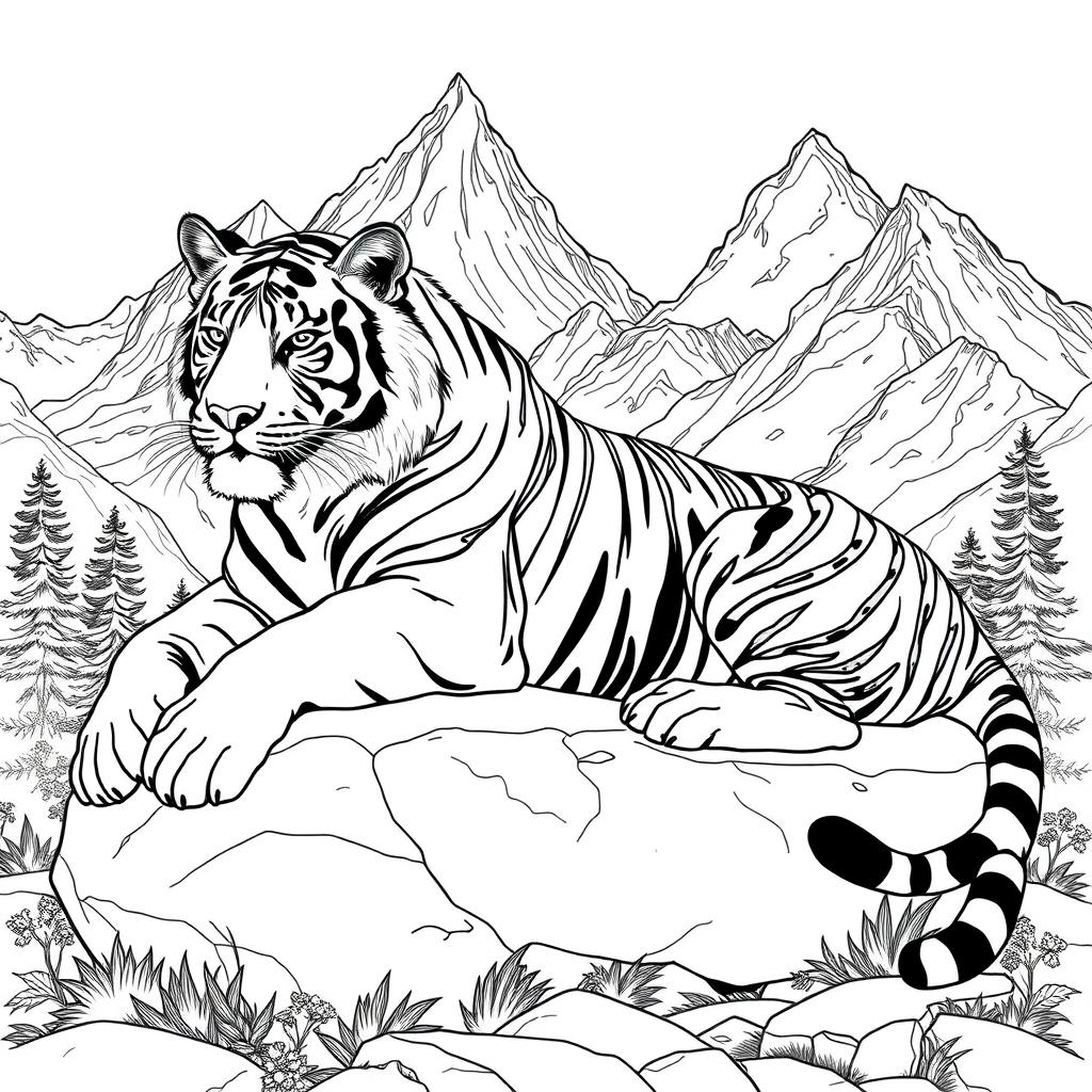 A detailed black and white line drawing of a majestic tiger lying on a large stone, exuding power and grace
