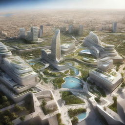 A futuristic rendition of Rabat City 10 years into the future, showing advancements in architecture, technology, and sustainability, as well as the balance between modern development and cultural preservation.