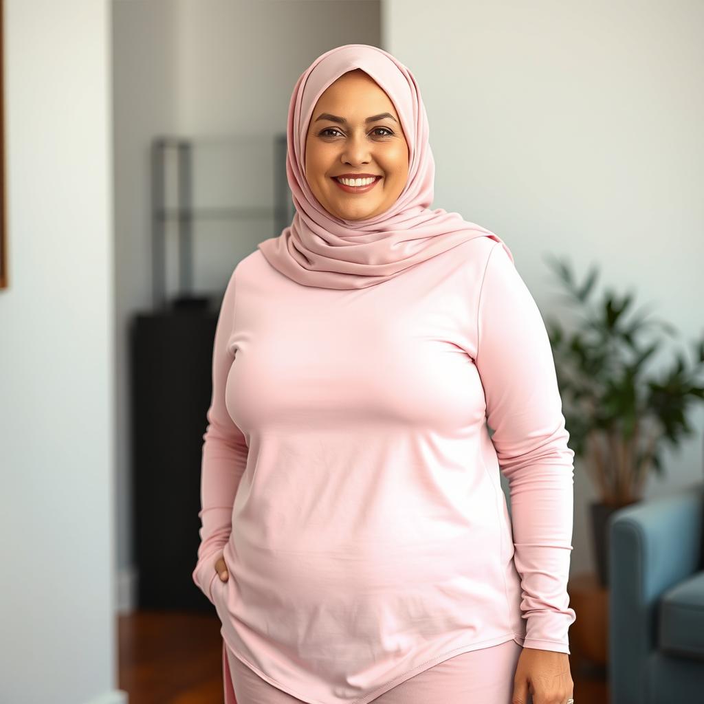A beautiful Caucasian woman in her 50s, wearing a pink hijab and a light pink long-sleeve t-shirt