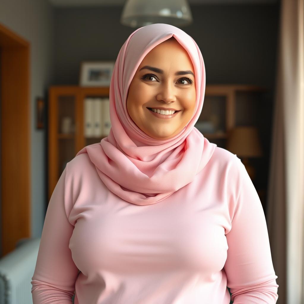 A beautiful Caucasian woman in her 50s, wearing a pink hijab and a light pink long-sleeve t-shirt