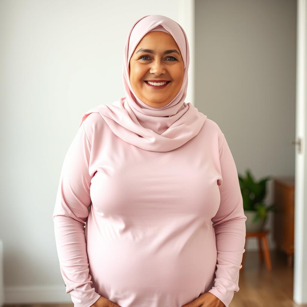 A beautiful Caucasian woman in her 70s, wearing a pink hijab and a light pink long-sleeve t-shirt