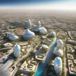 A futuristic rendition of Rabat City 10 years into the future, showing advancements in architecture, technology, and sustainability, as well as the balance between modern development and cultural preservation.