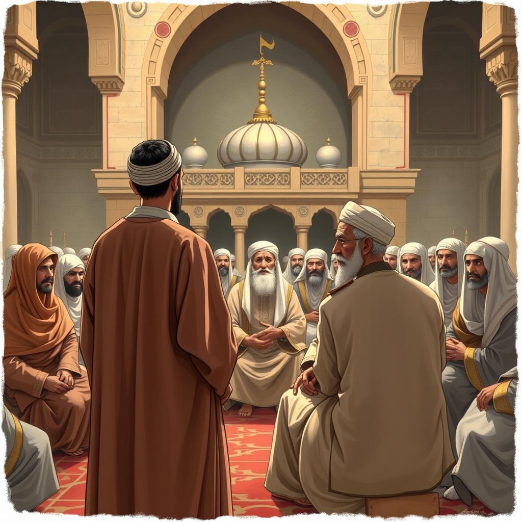 A detailed illustration showcasing a large group of the Prophet Muhammad's senior companions seated in a respectful assembly at Saqifa Bani Sa'idah in Medina during the early Islamic period