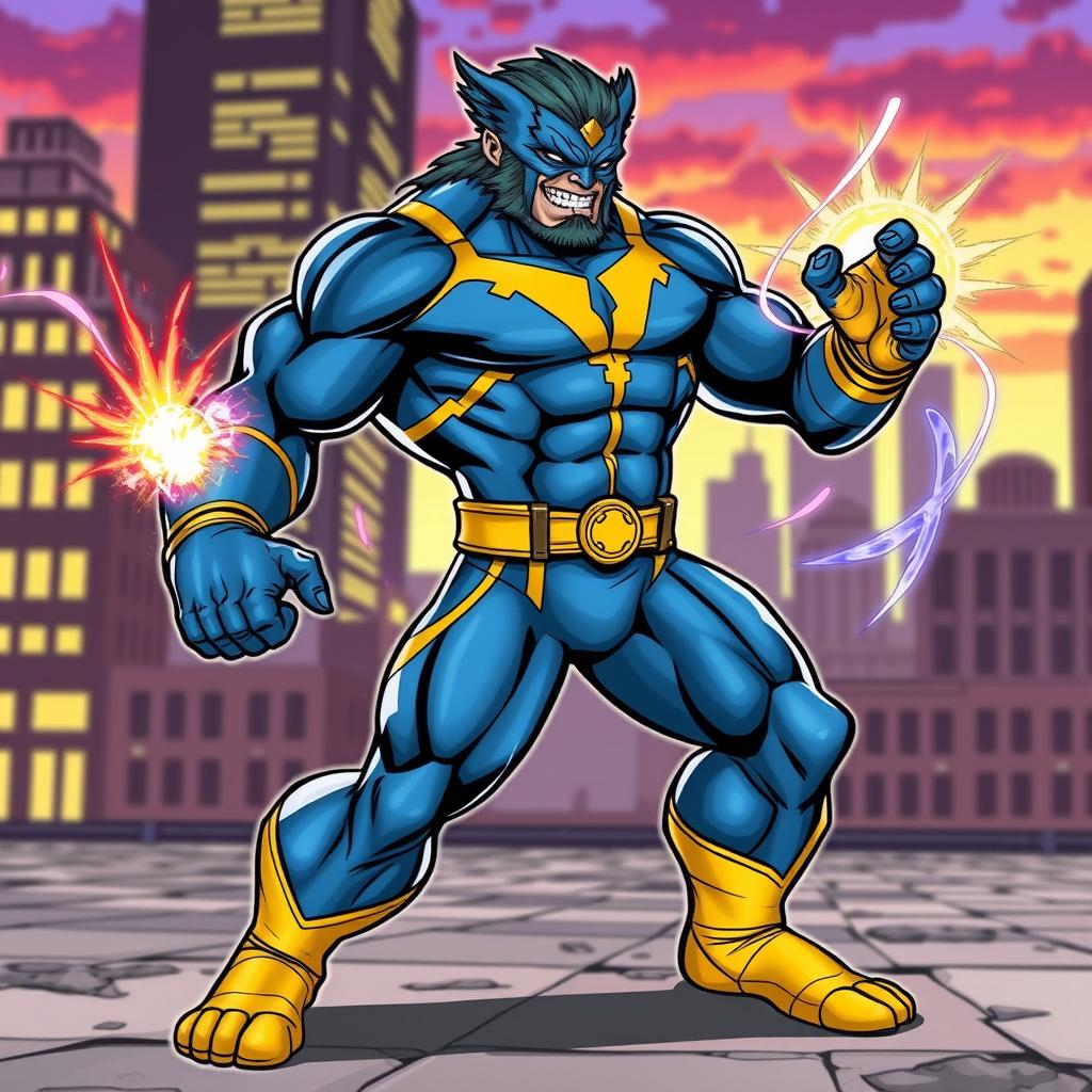 A full-color comic book style illustration of a character inspired by the Beast from X-Men, displaying an athletic and muscular form with the stretchy rubber body powers of Mister Fantastic from the Fantastic Four
