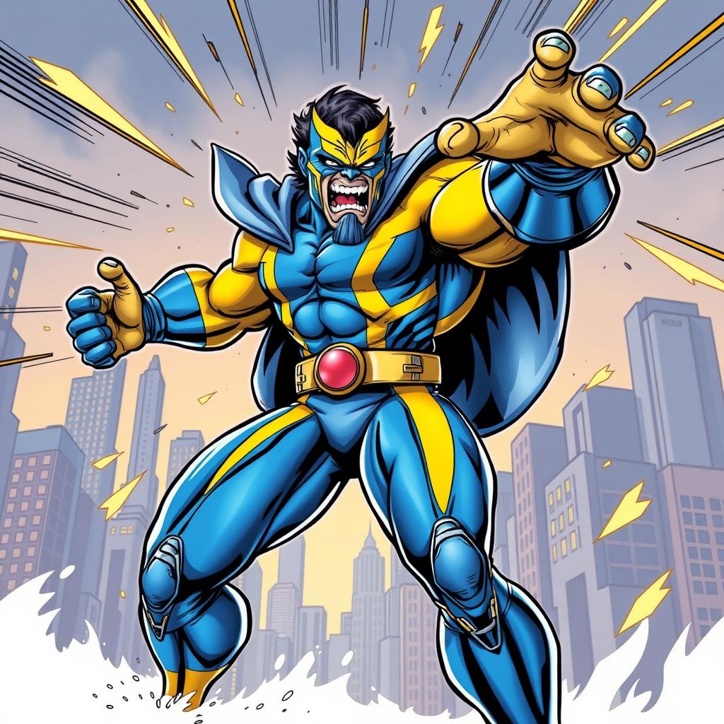 A vibrant full-color comic book style illustration featuring a superhero drawing inspiration from Beast of the X-Men, combined with the stretchy rubber body powers of Mister Fantastic from the Fantastic Four