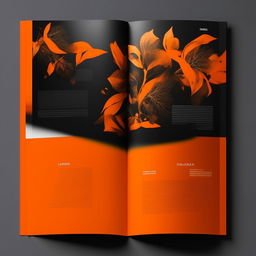 Design a full catalog in a vibrant display of orange and black colors, giving it a bold and eye-catching outlook.