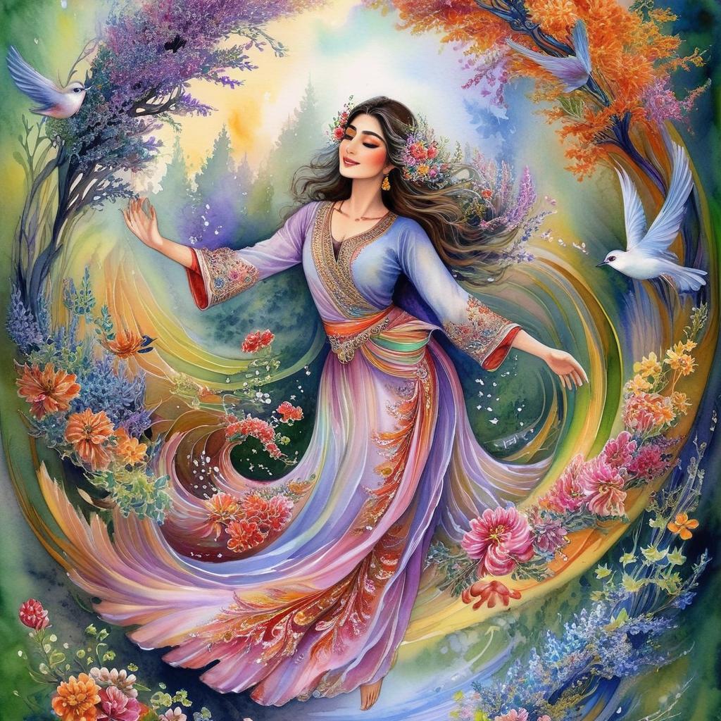 A mystical and spiritual full-body watercolor painting of a nice Iranian woman suspended in the air in a swirl of many colorful flowers, a maze of asymmetrical bonsai trees, a whirlwind of beautiful little birds, and a forest with a spectrum of green colors
