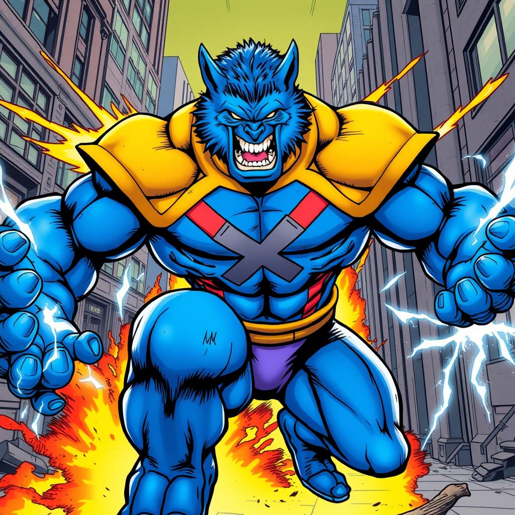A heroic Hank McCoy Beast from the X-Men depicted in a vibrant full color comic book style