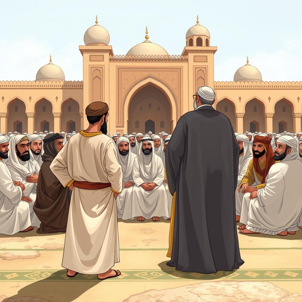 A realistic illustration of a large group of the Prophet Muhammad's companions seated at Saqifa Bani Sa'idah in Medina during the early Islamic period