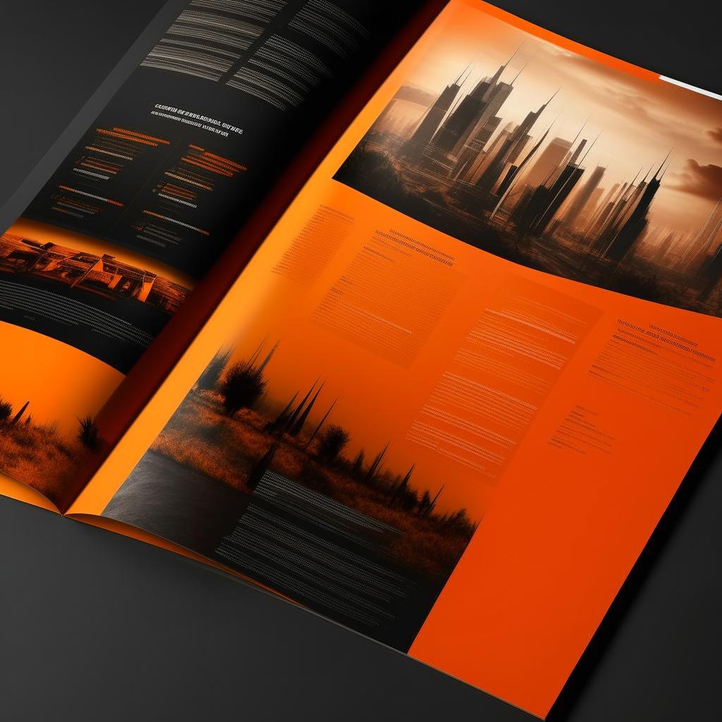 Design a full catalog in a vibrant display of orange and black colors, giving it a bold and eye-catching outlook.