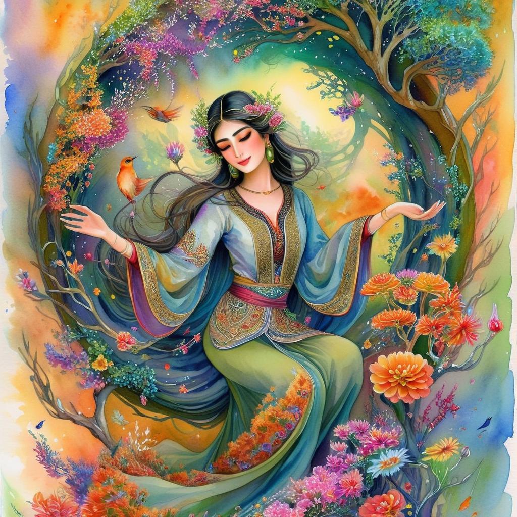 A mystical and spiritual full-body watercolor painting of a nice Iranian woman suspended in the air in a swirl of many colorful flowers, a maze of asymmetrical bonsai trees, a whirlwind of beautiful little birds, and a forest with a spectrum of green colors