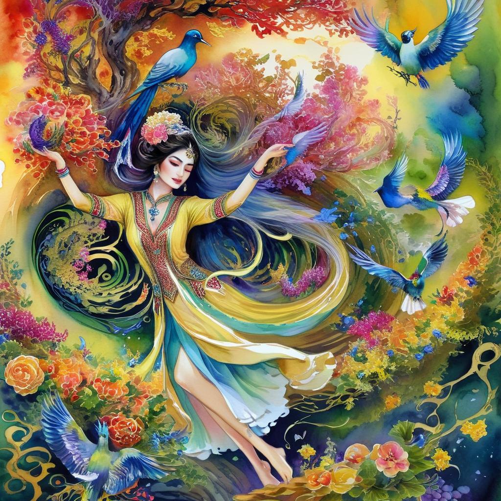 Mystical and spiritual watercolor painting of a beautiful Iranian woman in traditional dress suspended in the air in a swirl of multi-colored flowers, a maze of asymmetrical bonsai trees, a whirlwind of beautiful birds, and a forest of grapevines in a spectrum of green, yellow, and blue