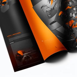 Design a full catalog in a vibrant display of orange and black colors, giving it a bold and eye-catching outlook.