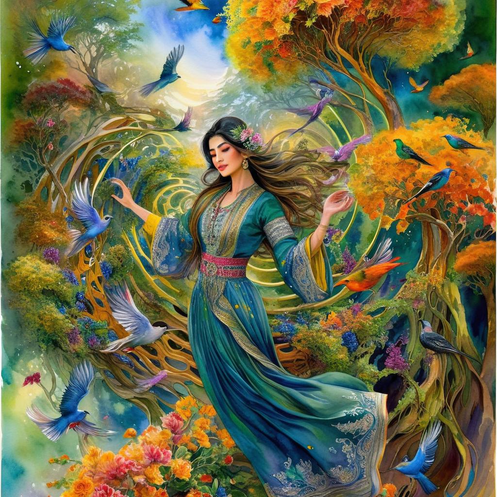 Mystical and spiritual watercolor painting of a beautiful Iranian woman in traditional dress suspended in the air in a swirl of multi-colored flowers, a maze of asymmetrical bonsai trees, a whirlwind of beautiful birds, and a forest of grapevines in a spectrum of green, yellow, and blue