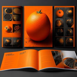 Design a full catalog in a vibrant display of orange and black colors, giving it a bold and eye-catching outlook.