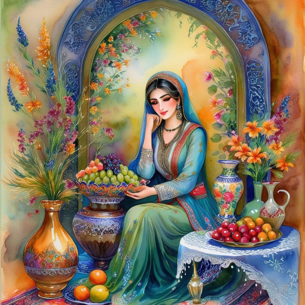 Mystical and spiritual watercolor painting of a beautiful Iranian woman sitting indoors, next to a table with fruit and grape dishes, traditional vases and colorful flowers, Eid greenery, traditional mirror, beautiful candles, small sweets in beautiful dishes, Iranian Nowruz table, Iranian silk carpet, green wheat ears in a traditional jar
