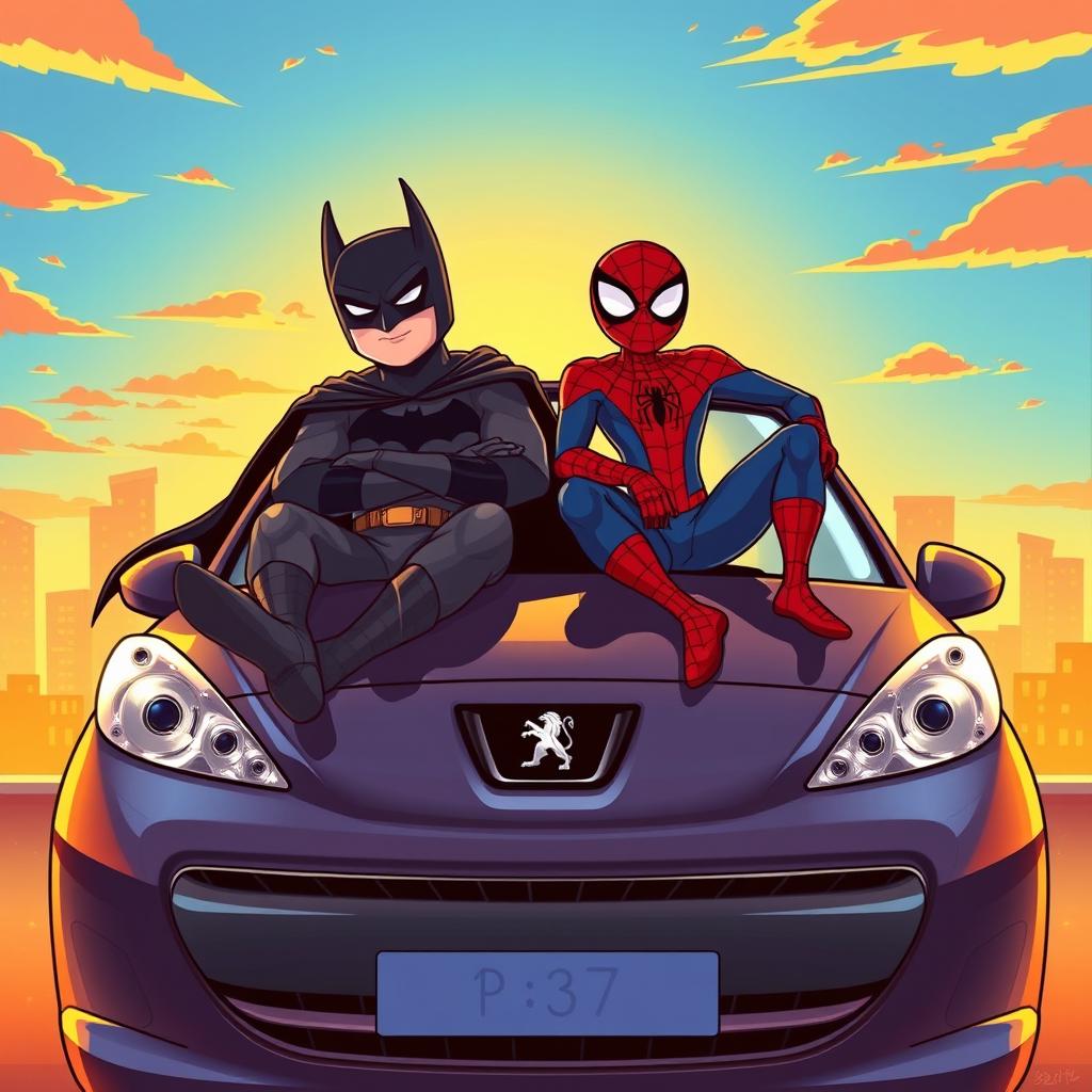 A dynamic and colorful illustration featuring Batman and Spider-Man relaxing on the hood of a stylish Peugeot 207