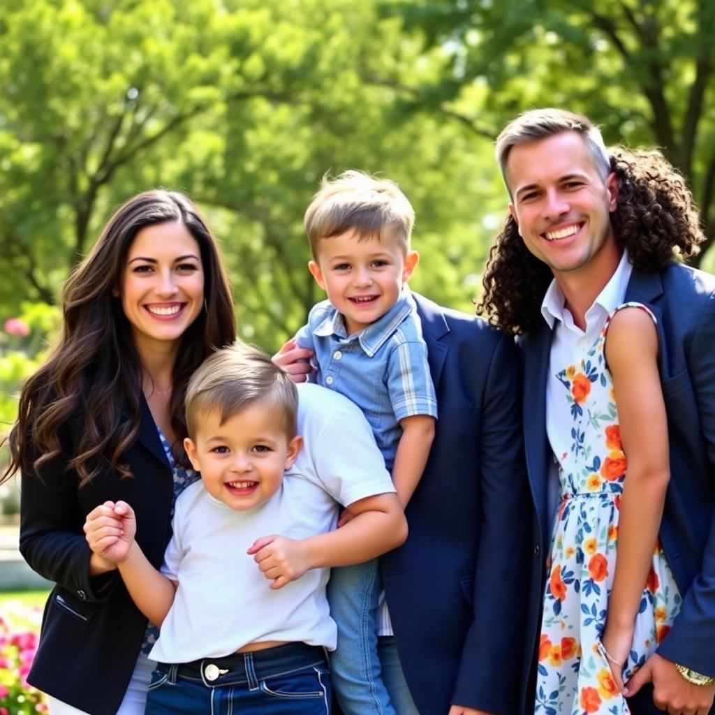 A beautiful family portrait featuring a happy couple and their two children, set in a park during a sunny day
